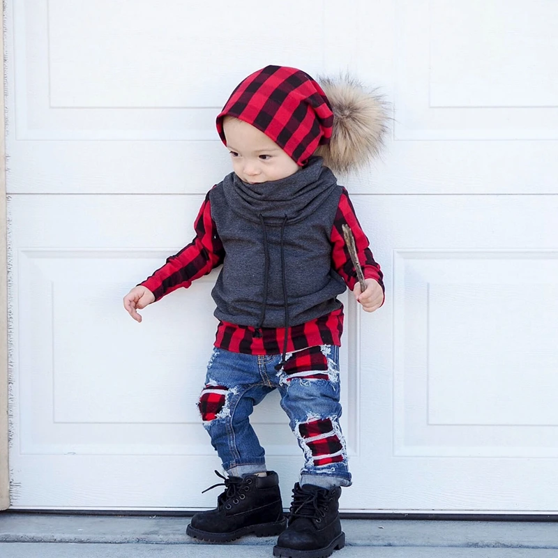 

Fashion Kids Baby Boys Plaid Turkleneck Long Sleeve T-Shirt Tops Denim Jeans Pants Leggings 2Pcs Handsome Outfits Clothes 1-6Y