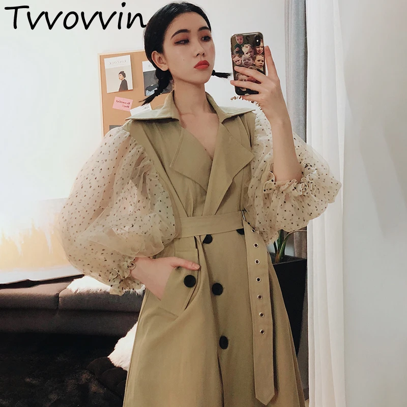 

2019 New Fashion Dot Mesh Puff Long Sleeve Patchwork Windbreaker Female's Double Breasted Long Type Coat Vestido E003