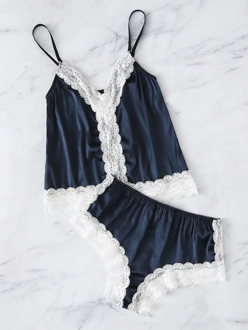 

Newly Women Sexy Satin Lace Cami Top Spaghetti Strap Shorts Babydoll Sexy Sleepwear Ladies Pajama Set