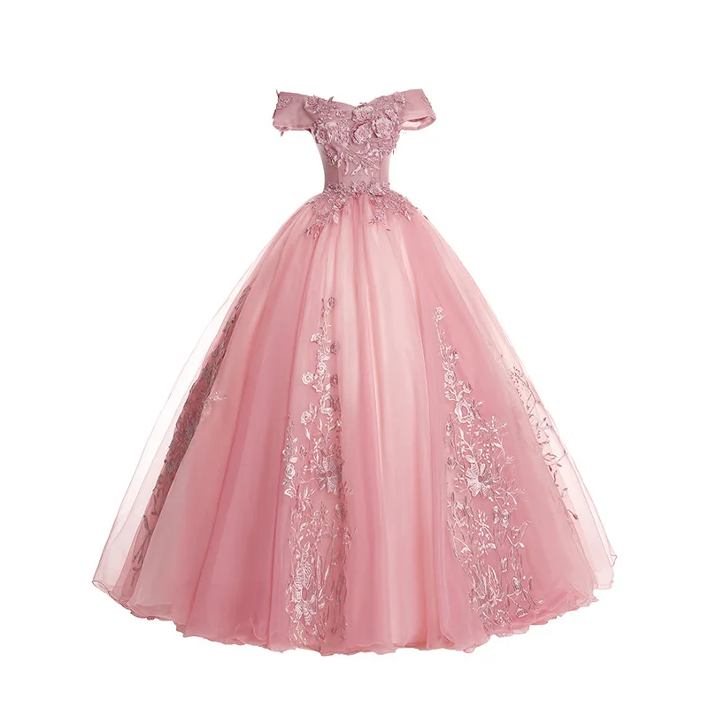 Студия розовый Бальные платья бальное платье с открытыми плечами кружева аппликации тюль Длина до пола сладкий 16 платье Дебютант платья