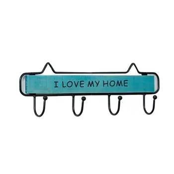 

Vintage Style Metal Wooden Wall Hook I LOVE MY HOME Storage Rack Cloth Hat Hanger Wall Key Hanger (Blue)