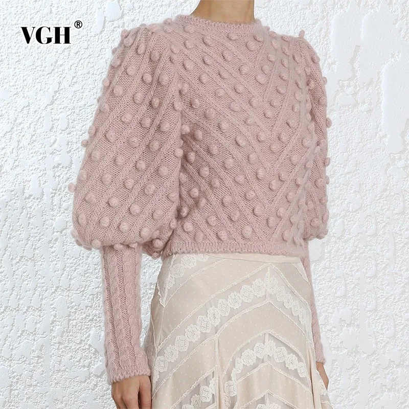 VGH, винтажные короткие женские свитера с рукавами-фонариками, круглый вырез, пуловер в горошек, вязаные свитера, мода, корейский стиль, новинка