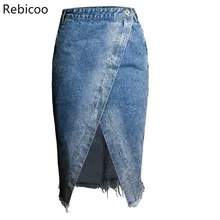 Женские миди юбки с высокой талией, большие размеры, хлопковая джинсовая юбка, Женская Повседневная джинсовая юбка с кисточками, с эффектом потертости, сексуальная юбка миди с разрезом