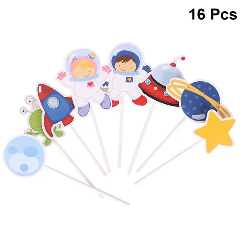 

16pcs Space Rocket Astronaut Star Planet Cake Insert Cards Cupcake Toppers for Kids Birthday Party Space Theme Party