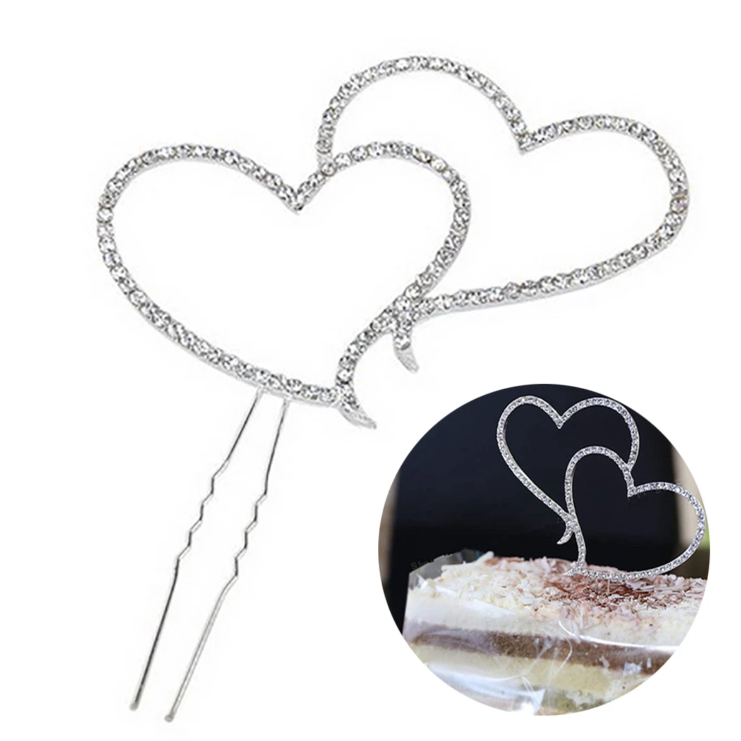 Silver Heart Cake Topper Wedding Anniversary Happy Birthday Valentine's Day Rhinestone Cutlery Decoration | Дом и сад
