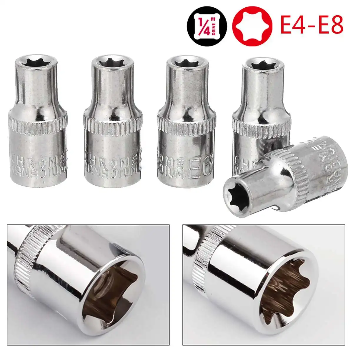 

5pcs 1/4'' Drive E Type E4 E5 E6 E7 E8 Torx Star Socket Set Square Hole Hand Repair Tools
