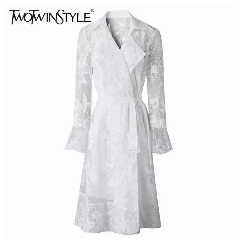 

TWOTWINSTYLE Embroidery Lace Patchwork Women Dress High Waist Lace Up Long Sleeve Bandage Dresses Female 2019 Elegant Fashion