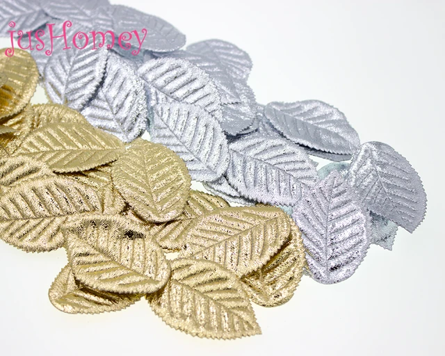 50PCS Metallic Fabric Tree Leaves Gold Silver Tone Embossed Tree Leaf