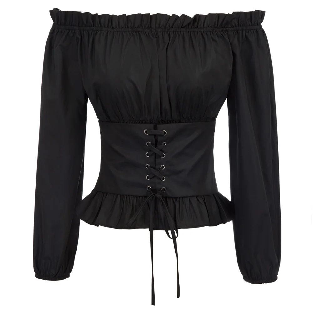 

Vintage Women shirts Renaissance Gothic Off-the-Shoulder blouse ladies party lace-up Corset solid elegant Tops camisas mujer