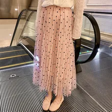 Винтажная длинная Плиссированная летняя юбка в горошек с высокой талией, розовая Тюлевая юбка макси в Корейском стиле, женские юбки