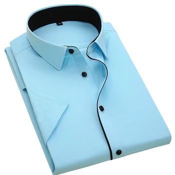 

2018 Summer New good quality short sleeve black button patchwork collar easy care twill men dress shirts without chest pocket