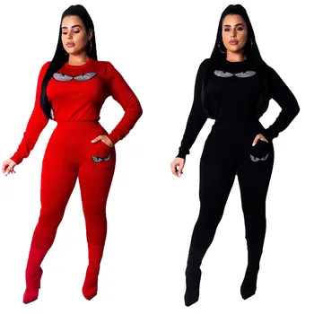 

Winter and Autumn Women's 2pcs Outfits Set Long Sleeve Eyes Printed Sweatshirt+Pants Women's Tracksuit Black Red sweatsuits Set