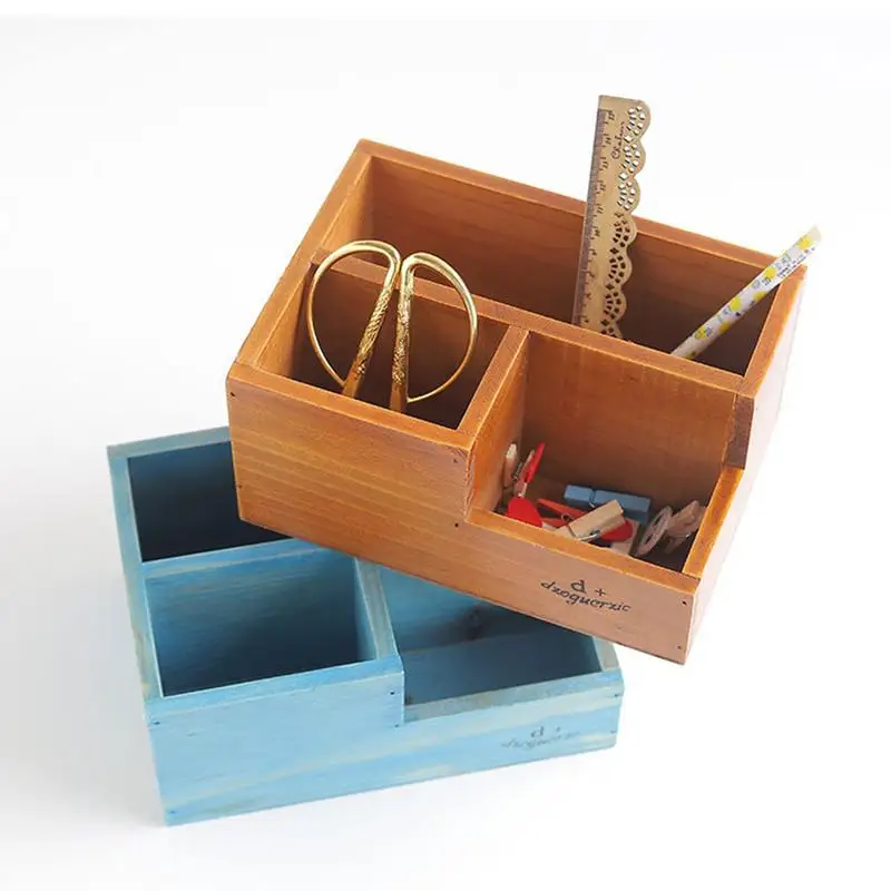 

AUGKUN 1pc 3 Grids Retro Wooden Storage Box Organizer Multi Desktop Table Cell Phone Tools Container Home Sundries Storage Box