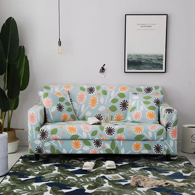 

Green Flexible Couch Sofa Cover blue flower print pastoral Spandex Cover with free Cushion Case Elastic Stretch Tight linen