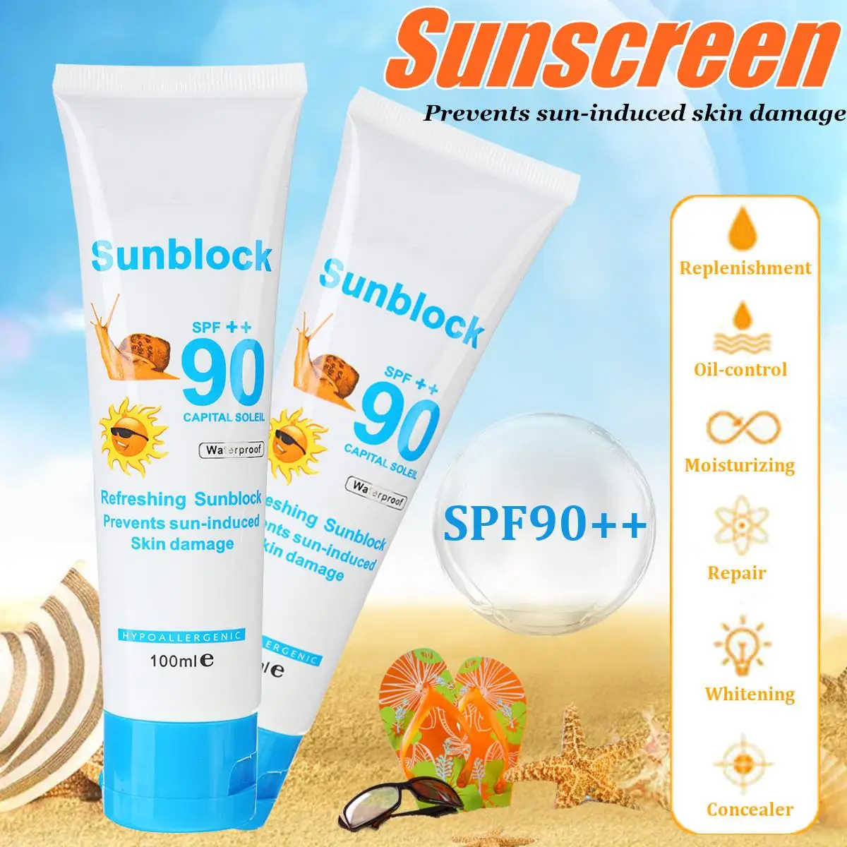 

snail sunscreen cream 100ml Protection Face Cream Sunblock 90++ Protective Cream Pigmentation SPF