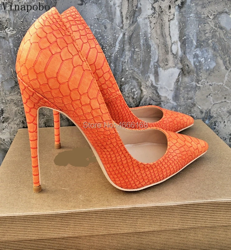 

2019 sexy Women's Stiletto High Heels Pointed Toe Slip-On Shallow Pumps Orange Snake print Matte Leather Ladies wedding Shoes