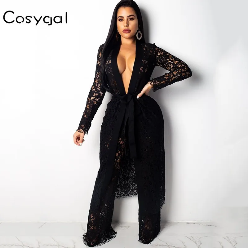 

COSYGAL Black Lace Two Piece Set Sexy Perspective V Neck Summer 2 Piece Set Women Long Top And Pants 2 Piece Outfits For Women