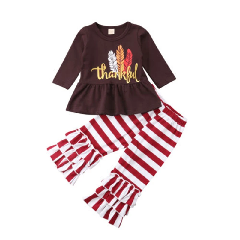 

CANIS 2019 New Thanksgiving Toddler Baby Girl Clothes Sets Longsleeve Ruffles Letter Turkey Tops Striped Flare Pants Outfit