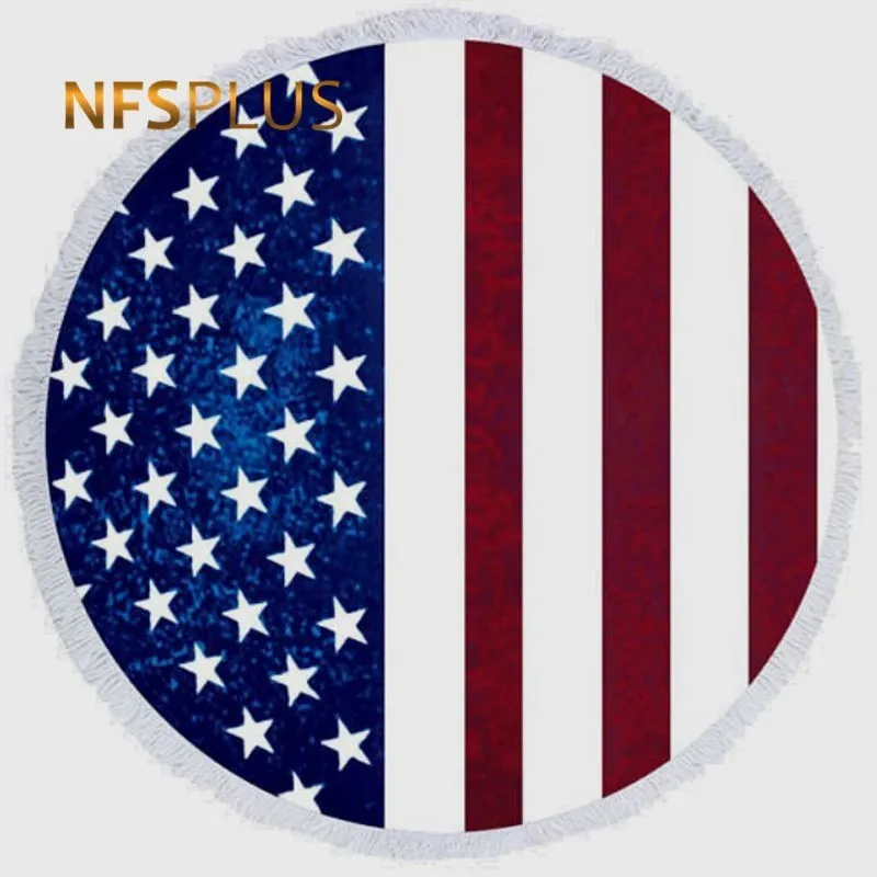 

Cute Round Beach Towel 150cm Diameter Polyester American Flag USA Printed Blanket with Tassel Sun-Protective Shawl Cape