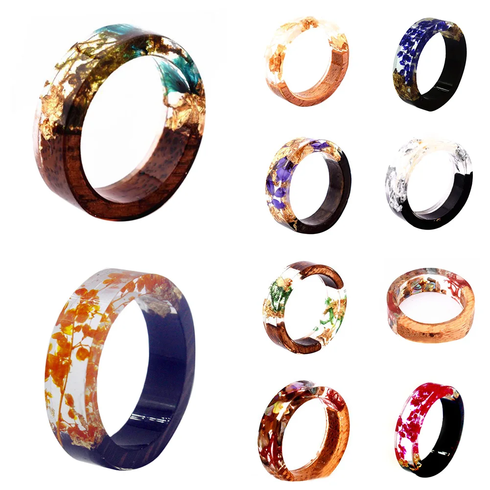 

Unisex Creative Round Wooden Resin Rings Flowers Plants Inside New Novelty Handmade Rings Jewelry For Men Women Business Gifts