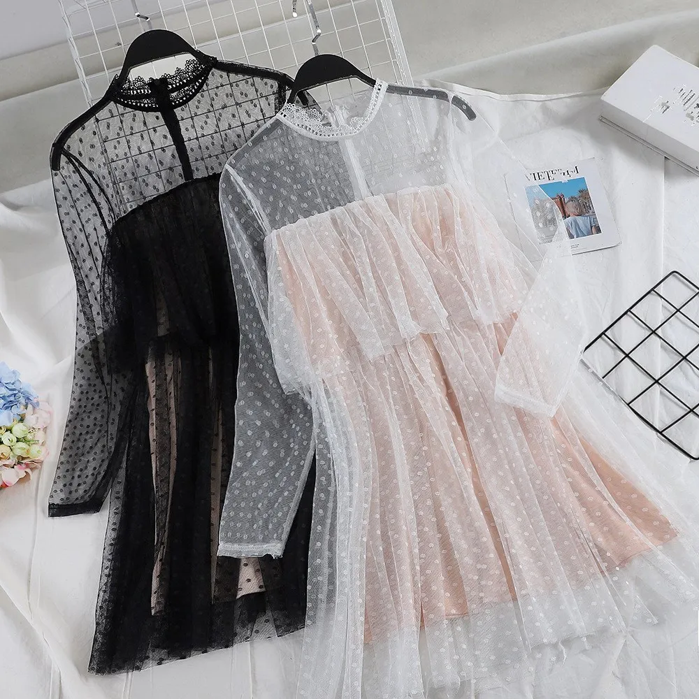 

2019 Women Fashion Polka Dot Midi A-line Dress Elegant Mesh Ruffles High Waist Dress Long Sleeve Casual Dresses