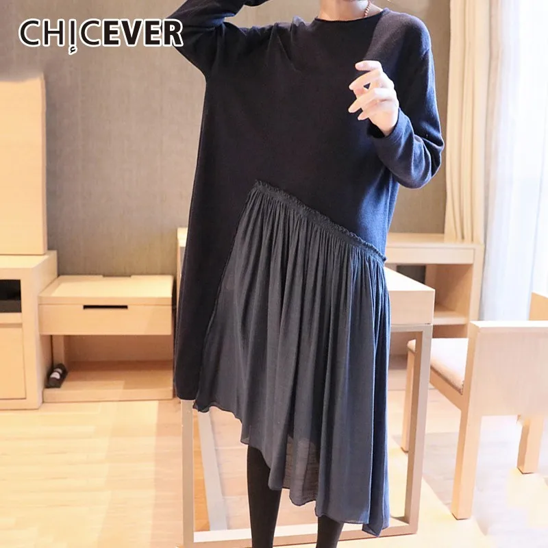 

CHICEVER 2019 Spring Women's Dresses Female O Neck Long Sleeve Loose Irregular Hem Patchwork Pleated Dress Casual Clothes New