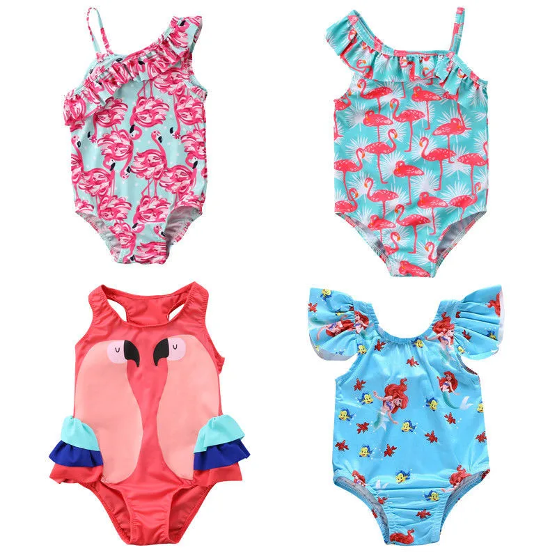 

New Fashion Kids Baby Girls Flamingo Ruffle Bikini Swimsuit Swimwear One-piece Bathing Suit Swimming Costume Beachwear 2 to 7Y