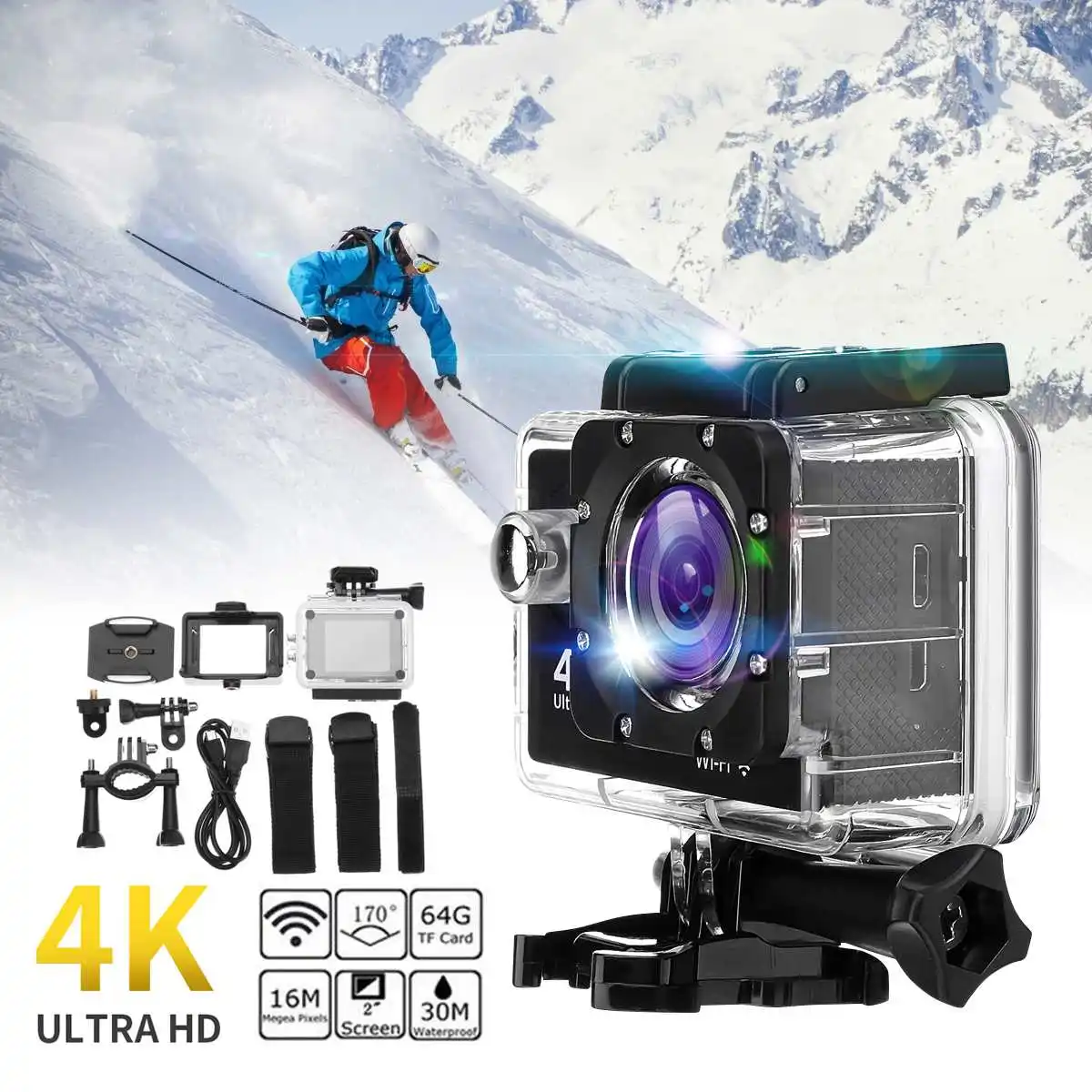 

4K Ultra-Full HD Sport Action Camera Waterproof 170 Degree WiFi Outdoor Sports Mini DV Video Camcorder 2.0" Screen Lens Cam