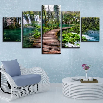 

Print Wall Pictures Decor Room Art 5 Pieces Waterfall Green Tree and Woods Bridge Natural Scenery Modular Canvas Painting Poster