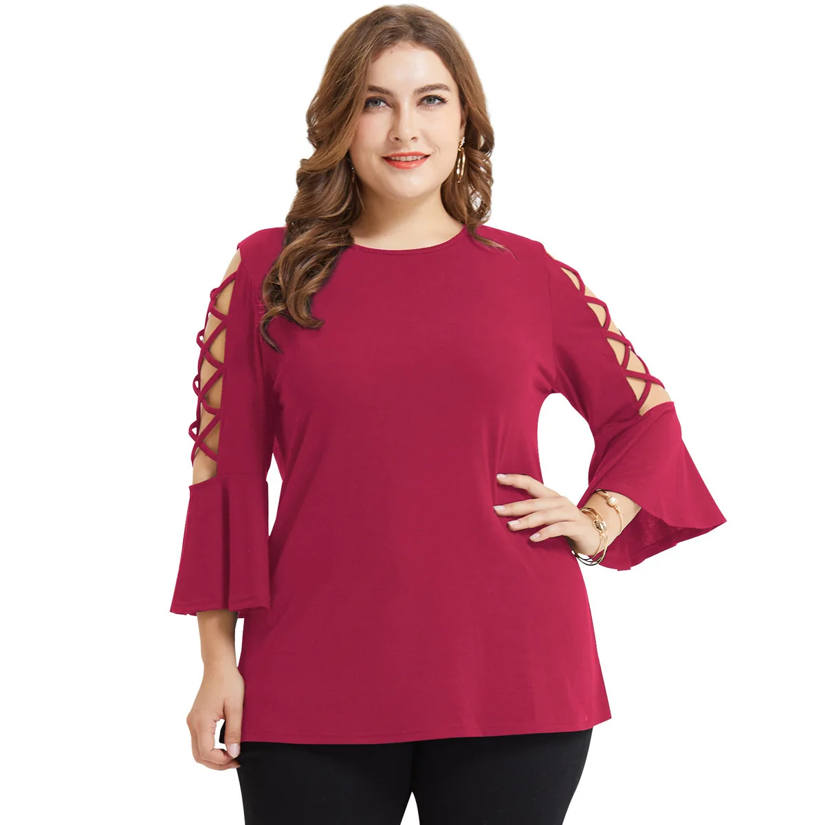 

Women Plus Size Shirt New Fashion O Neck Flare Sleeve Hollow Out Black Tshirt Casual Ladies T Shirt Femme Red Tops XL-4XL 2019