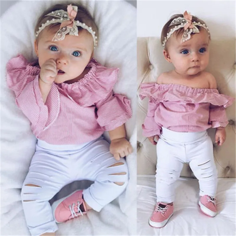 

PUDCOCO Newborn Baby Girl Clothes Set Plaid Ruffles Romper Top T-Shirt+Hole Pants Outfit