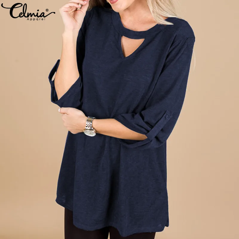 

Celmia NEW Large Size Women Blouse Long Sleeve Casual Loose Ladies Tunic Tops Plain Baggy Fashion Blusas Femininas Hollow Shirts