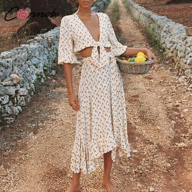 

Conmoto Fashion Floral Print Women Skirt Suit 2019 Summer Female Sexy V Neck Crop Tops and Blouse Casual Vintage Women's Sets