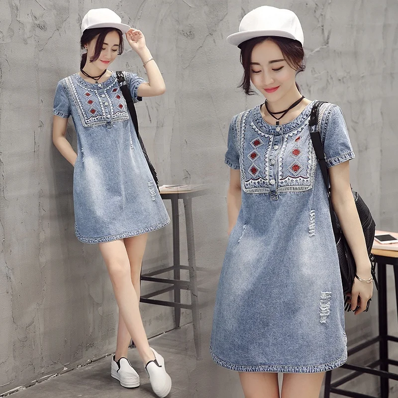 

Summer Women Sundress Retro Vintage Embroidery Soft Jeans Denim Dress O-Neck Mini Casual Plus Size vestidos
