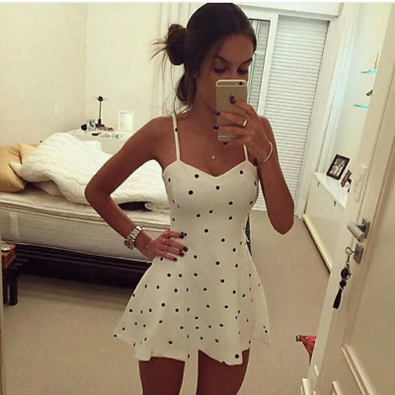 

Women Summer Casual Backless Evening Party Soft Cool Short Mini Dress Women Sleeveless Sexy Spot Print Mini Summer Sundress