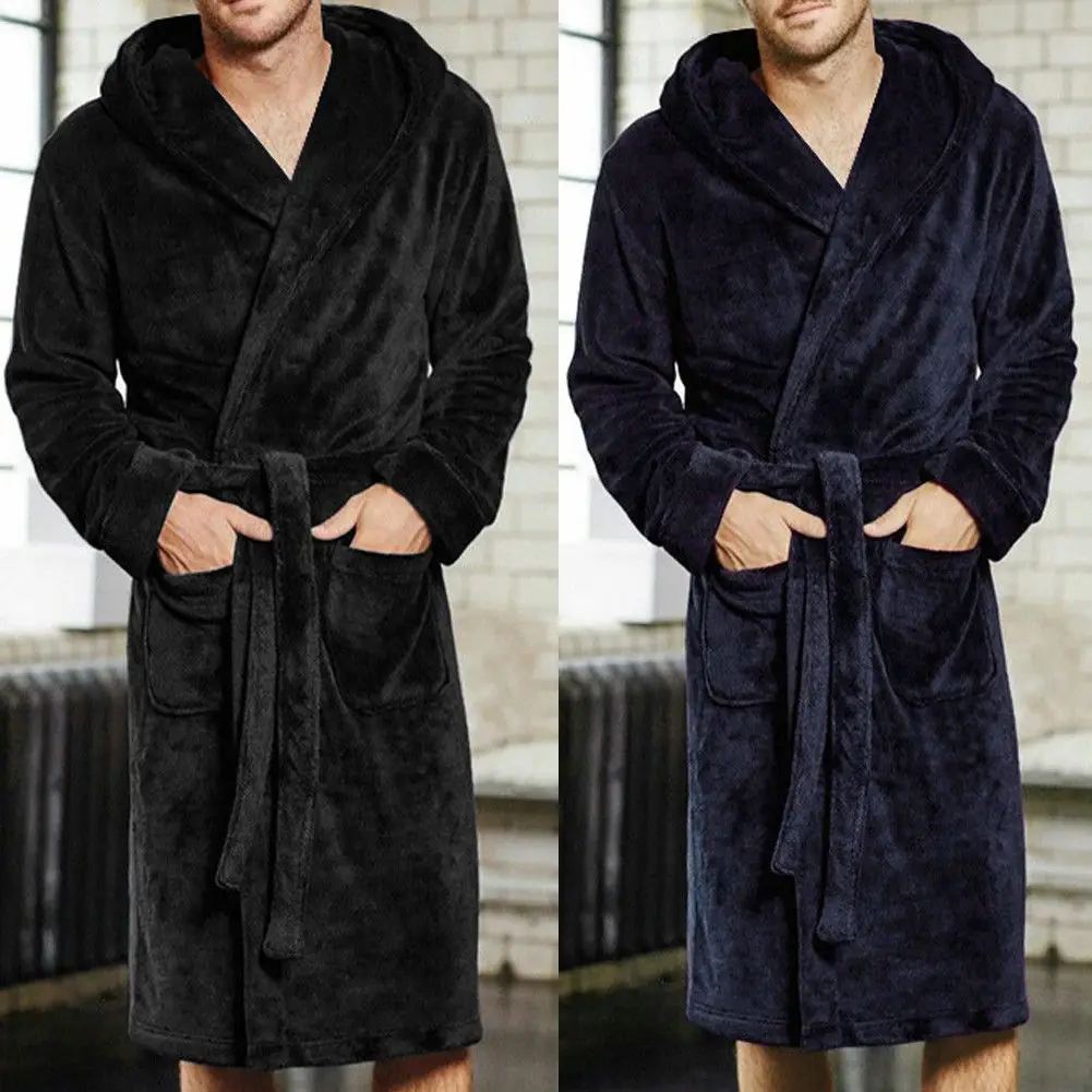 Fashion Casual Mens Bathrobes Flannel Robe V Neck Long Sleeve Couple ...