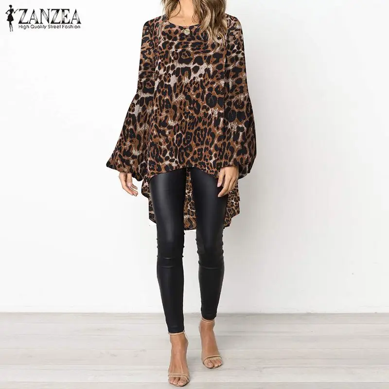 

ZANZEA Plus Size Women Casual Blouse Baggy Puff Sleeve Asymmetrical Tops Leopard Grain Blusa Feminina Sexy Print Womens Clothing