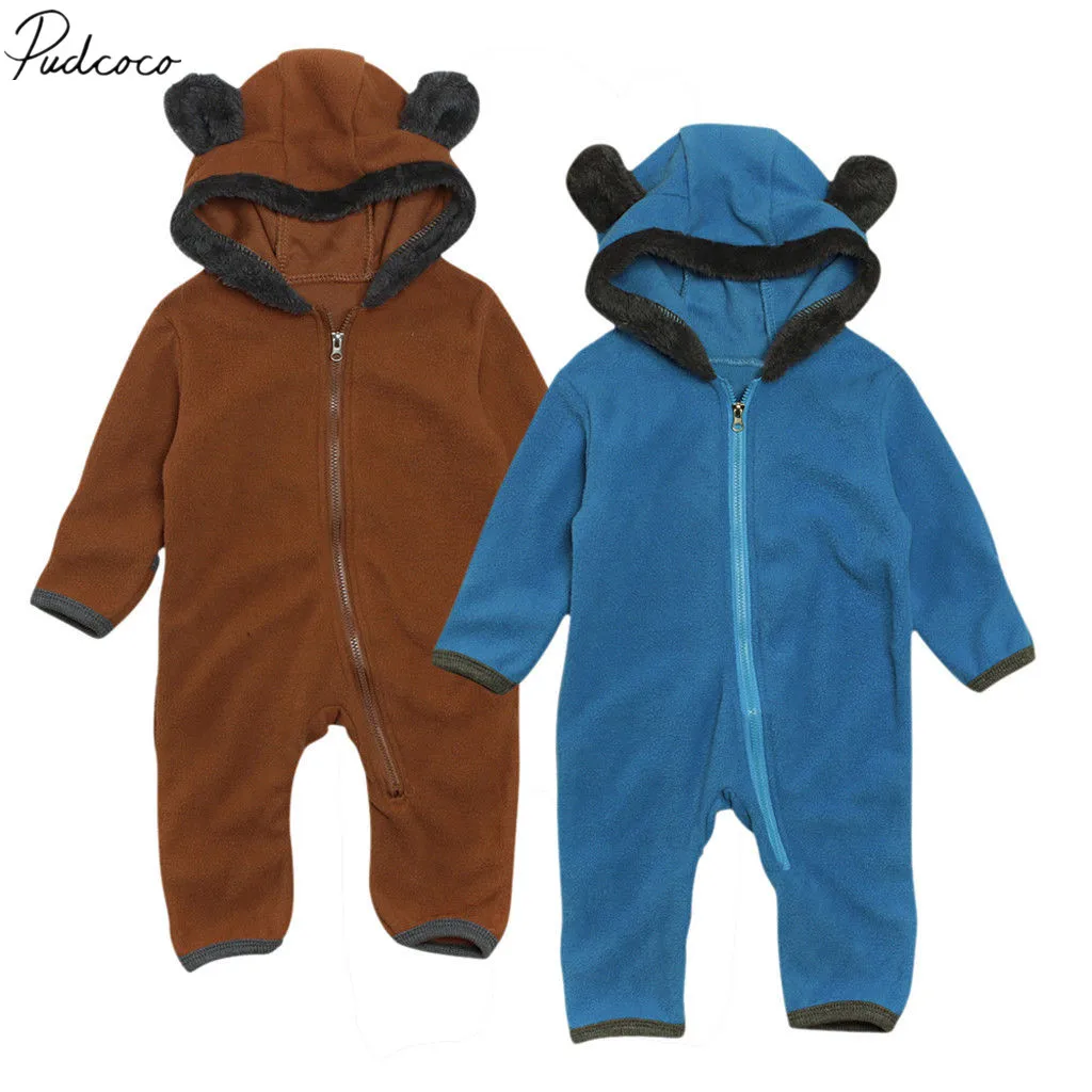 

2019 Brand New Newborn Infant Kids Baby Girls Boys Bear 3D Ears Hooded Romper Long Sleeve Zipper Fur Jumpsuits Warm Outfit 0-4Y