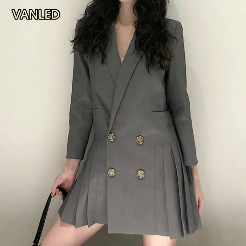 

Chic Double Breasted Pleated Dress Women Preppy Style Long Sleeve Suit Jacket