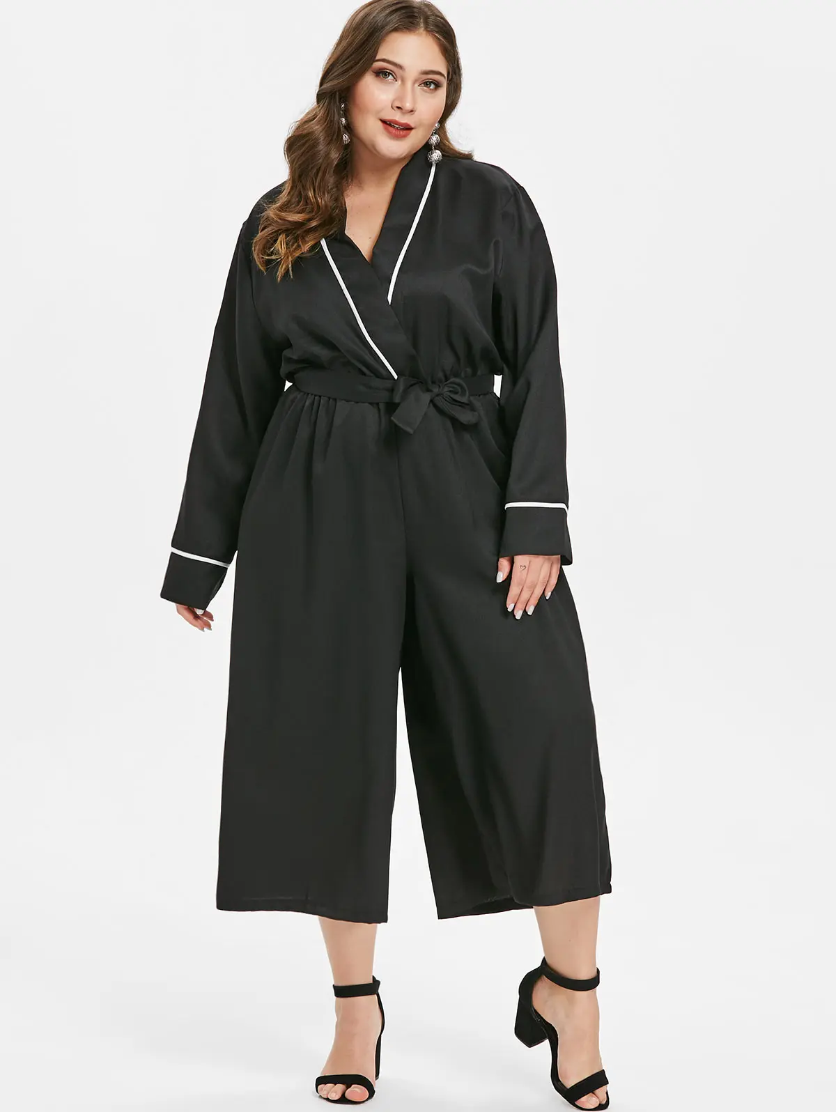 

Wipalo Women Plus Size Long Sleeves Wide Leg Surplice Jumpsuit Japan Style Plunging Neck Bow Tied Belt Casual Solid Jumpsuit 4XL