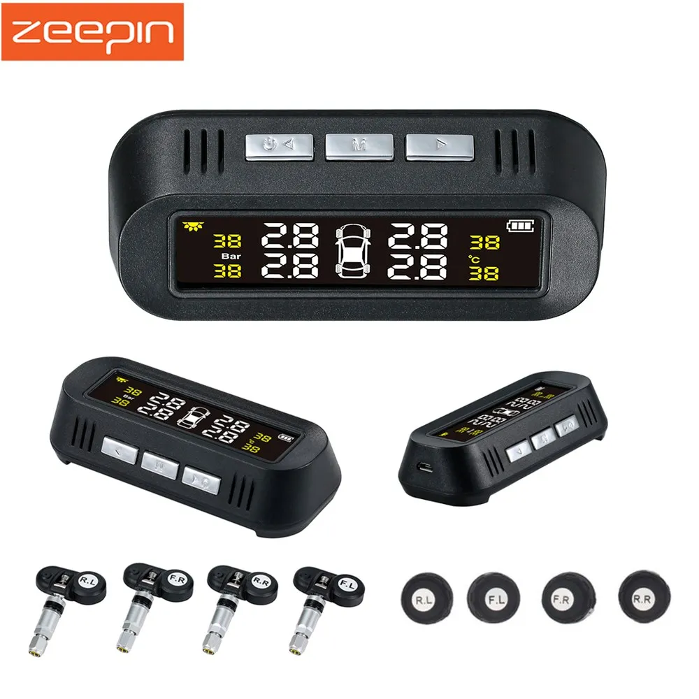 Zeepin английский голосовой сигнал тревоги автомобиль TPMS Солнечный 2.0A Быстрая зарядка USB шин Давление мониторинга Системы 4