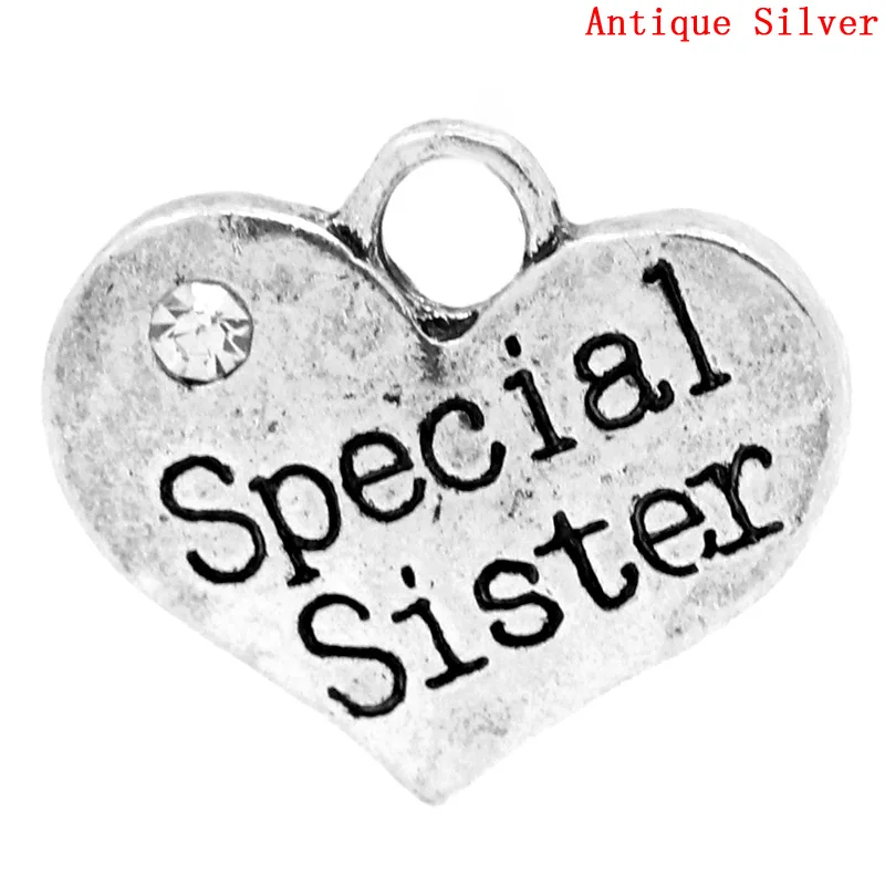 

Lovely Charm Pendants "Special Sister" Heart Antique Silver Clear Rhinestone 16x14mm,20PCs (K00023)