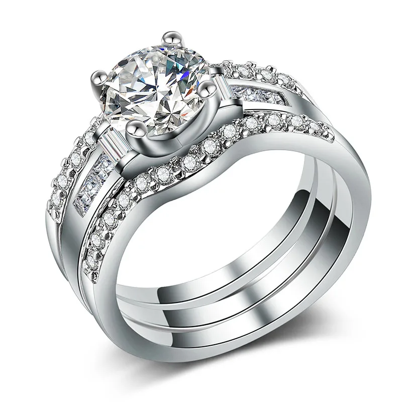 

Huitan Luxury 3PC Wedding Ring Set with Round Brilliant Cubic Zirconia Fashion Engagement Eternity Anniversary Rings for Women