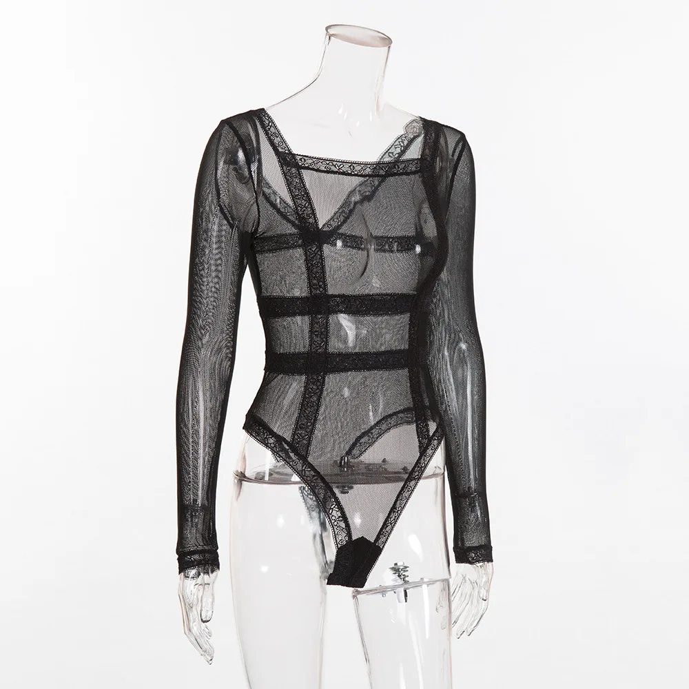 summer sexy bodysuit women black Mesh stitch striped long sleeve bodycon jumpsuit overalls