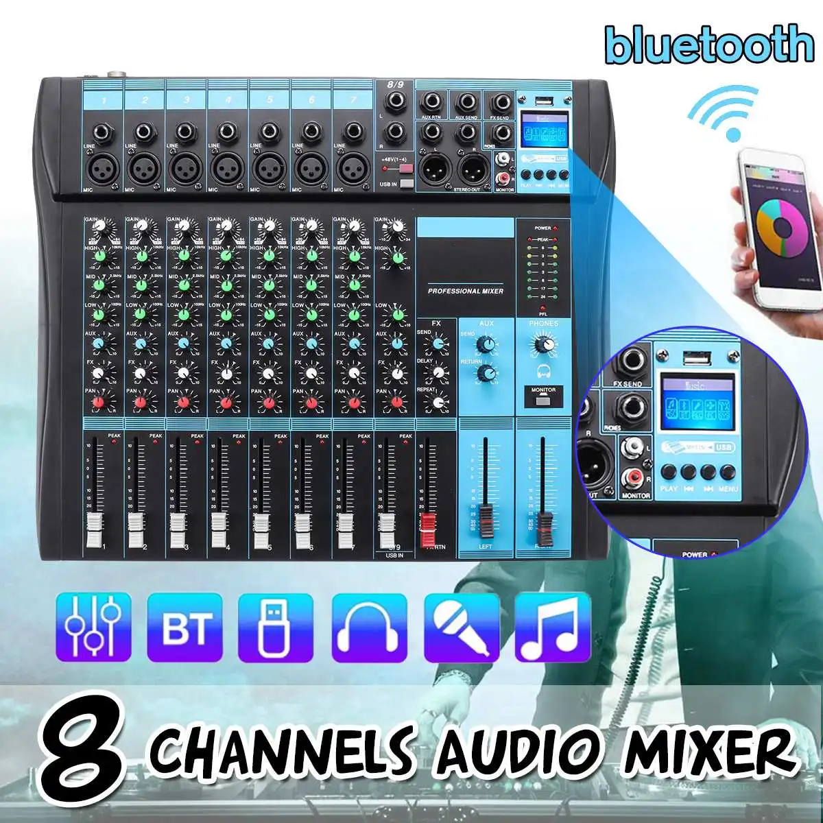 

Professional 8 Channel DJ Sound Mixer with bluetooth Record Live Studio Audio Blue Mixing Console 48V Phantom Power USB Jack