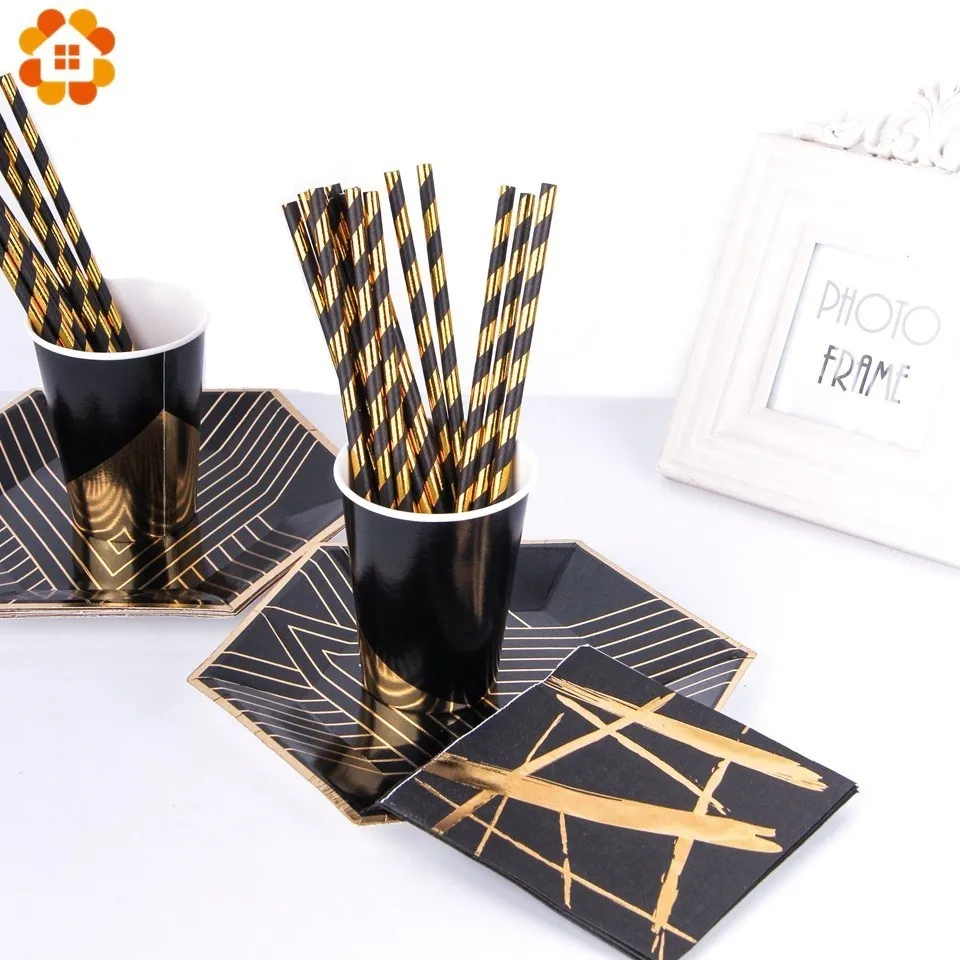 

1 Set Black Gold Disposable Tableware Gilding Paper Plate/Cup/Straws Table Decoration Wedding/Birthday/Party Decoration Supplies