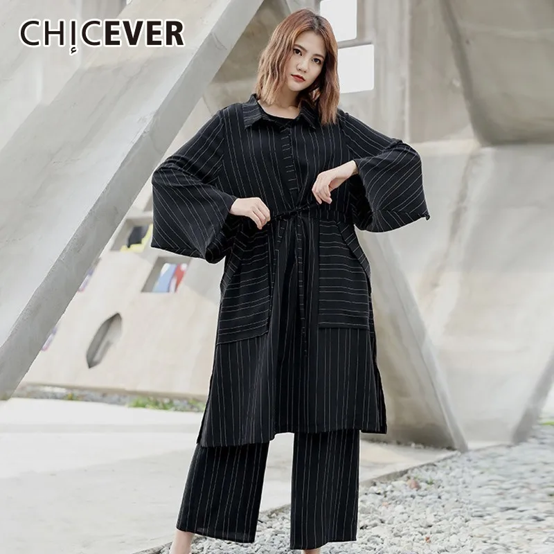 

CHICEVER Spring Two Piece Sets Lapel Irregular Sleeve Loose Lace Up Tops Elastic Waist Wide Leg Pants Fashion Casual Clothes New