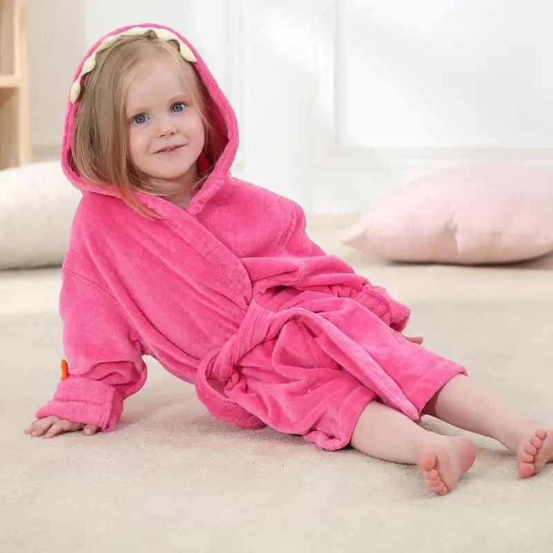 Toddler Bathrobe Cute Dinosaur Hooded Cotton Kids Warm Fleece Bath