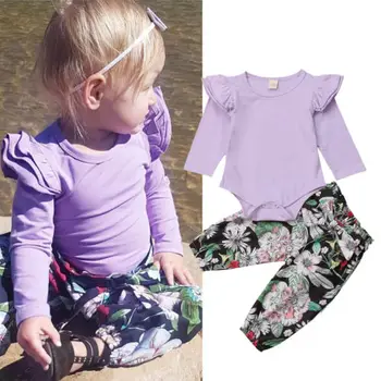 

2Pcs Flower Newborn Baby Toddler Girls Clothing Set Long Sleeve Ruffles Rompers Top+Pants Suits Infant Girl Clothes