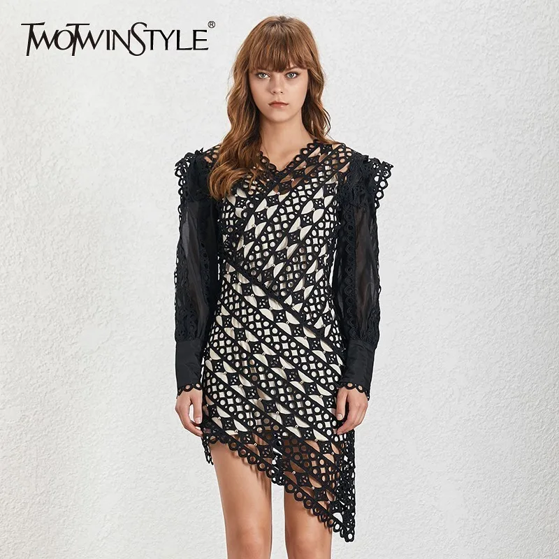

TWOTWINSTYLE Summer Vintage Women's Dress V Neck Lantern Sleeve Hem Asymmetrical Hollow Out Mini Dresses Female 2019 Fashion